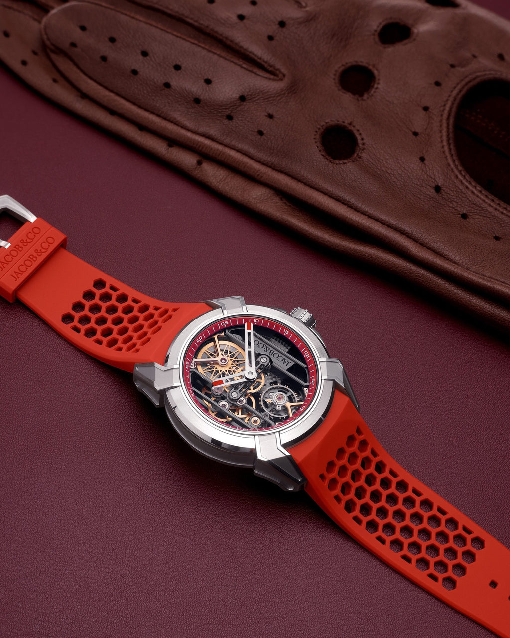 Limited Edition Jacob & Co. Epic X Skeleton watch with an orange rubber strap. (G00)
