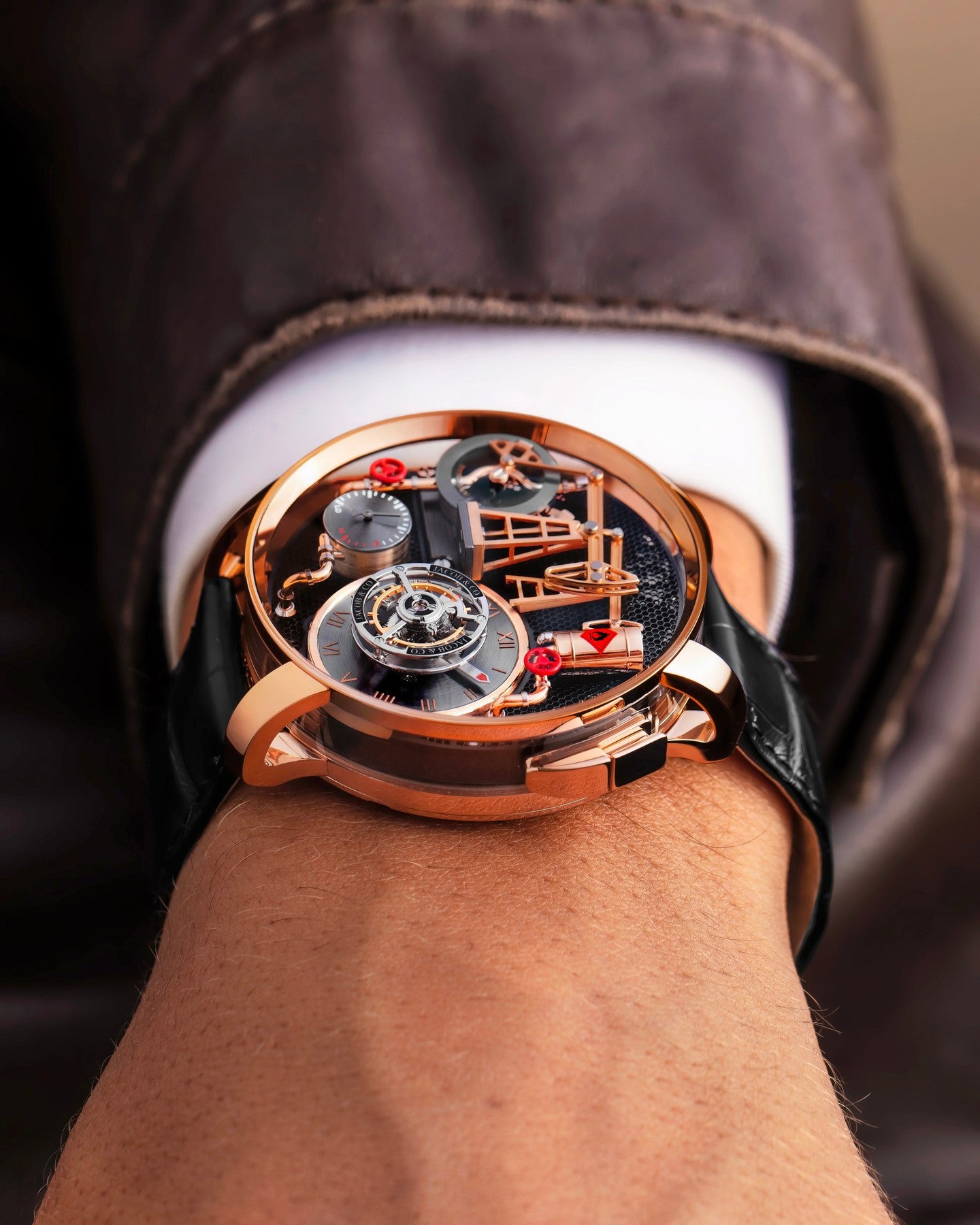 Limited Edition Jacob & Co. Oil Pump Tourbillon Automaton wristwatch in rose gold Watch (G00)