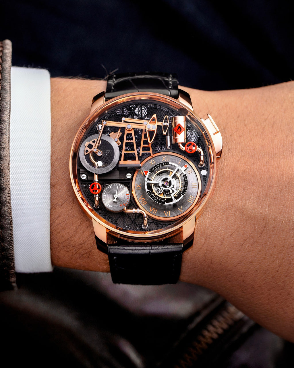 Limited Edition Jacob & Co. Oil Pump Tourbillon Automaton wristwatch in rose gold Watch (G00)